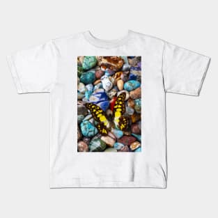 Yellow And Black Butterfly On Polished Stones Kids T-Shirt